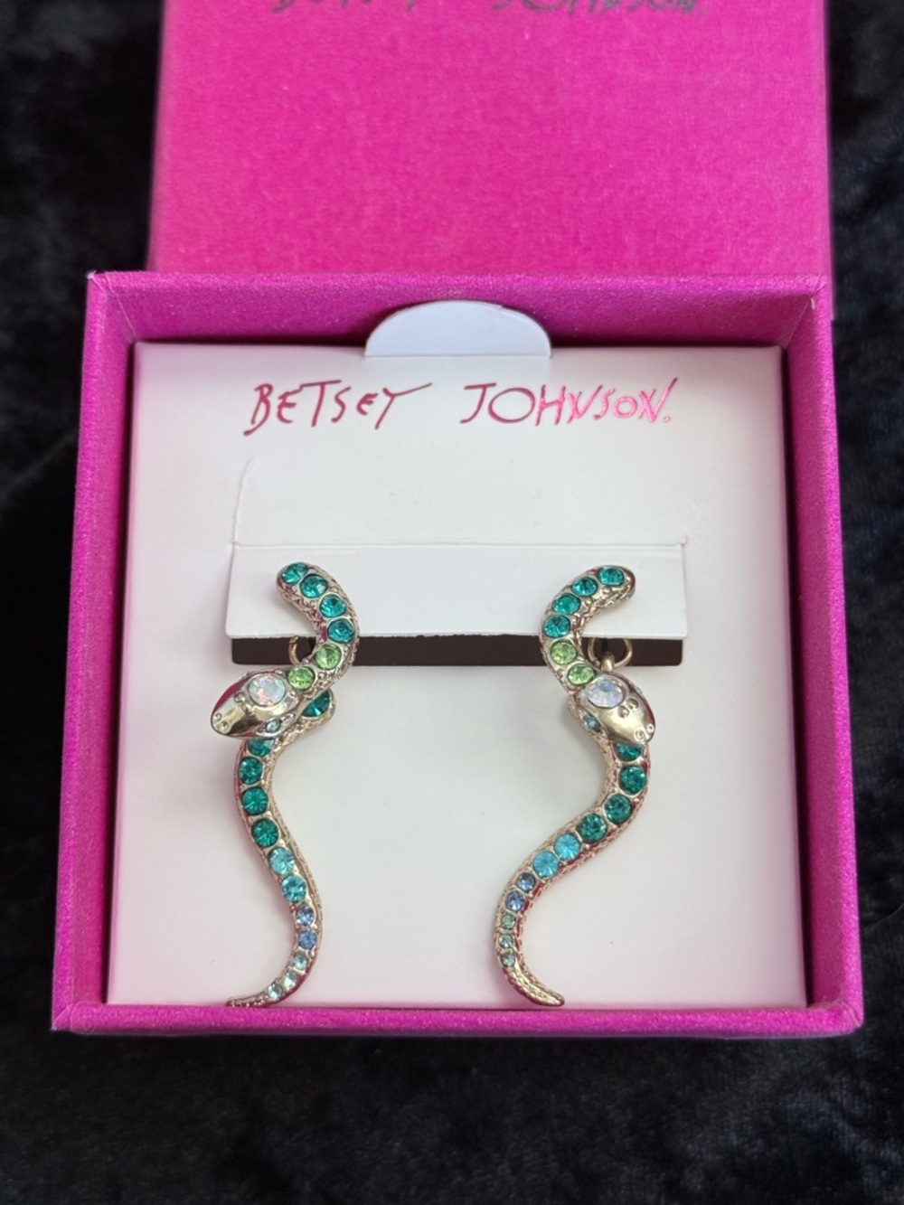 New Betsey Johnson Gold-Tone Pavé Crystal Snake Front and Back Earrings